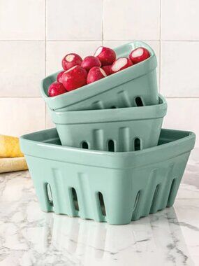 Over & Back 3-piece Multipurpose Berry Baskets, Stoneware Dishwasher Micro Green